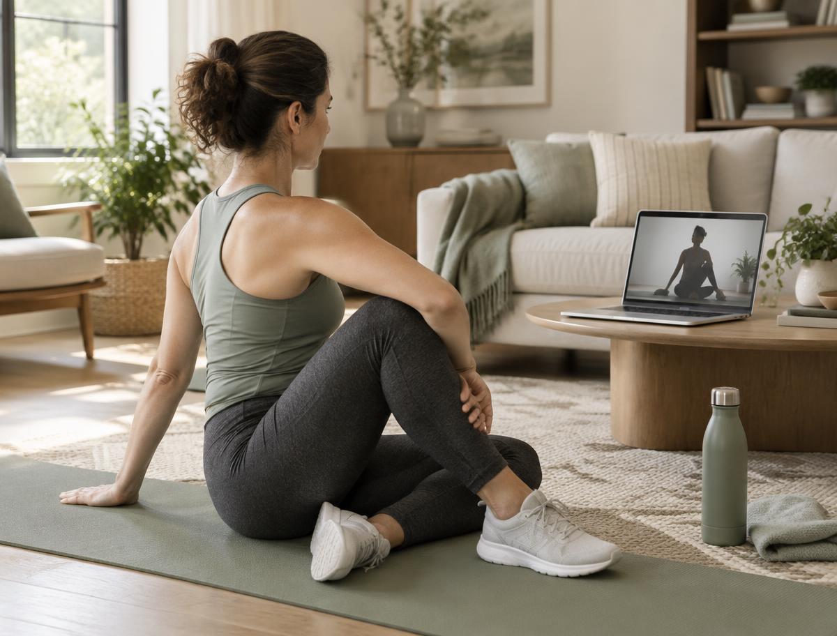 An adult participating in a guided telehealth movement session from home